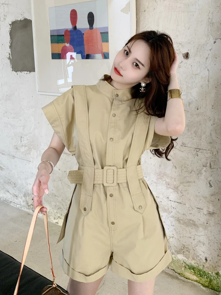 Butterfly Sleeve Overalls Women's Summer Korean-Style Stand Collar belt Slim Short Wide Leg  Safari Style Solid Romper Playsuit