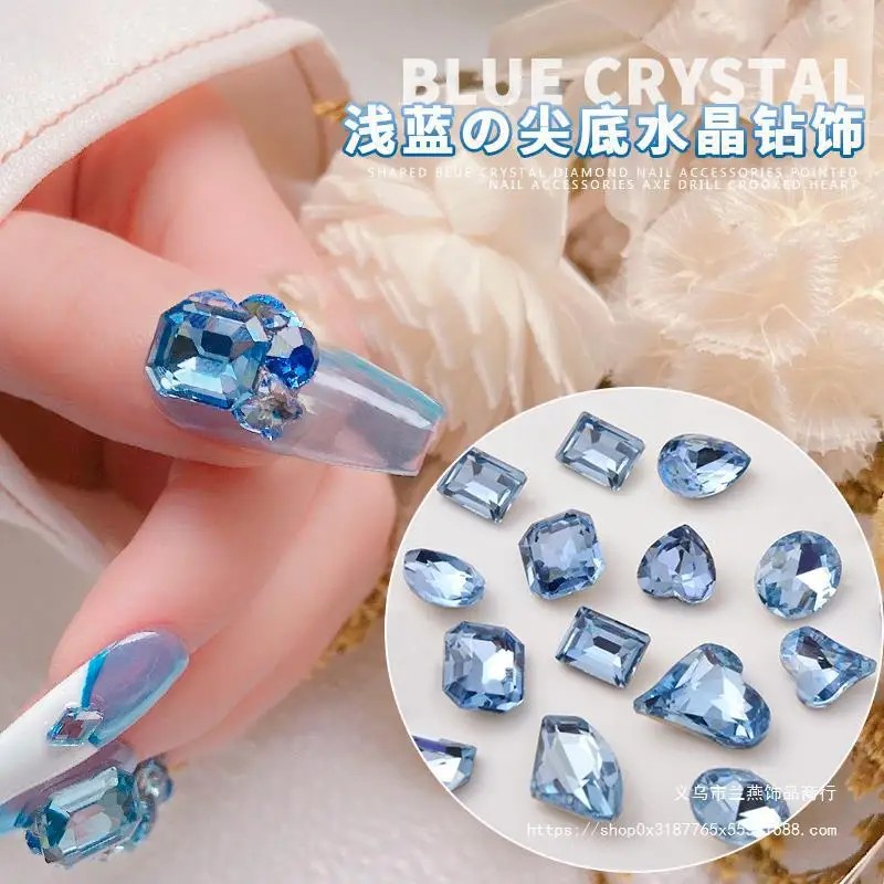 10Pc Light Blue Nail Art High-Quality Glass Rhinestone Multi-Shape 8x10MM Crooked Heart 3D DIY Manicure Accessory Gem Decoration