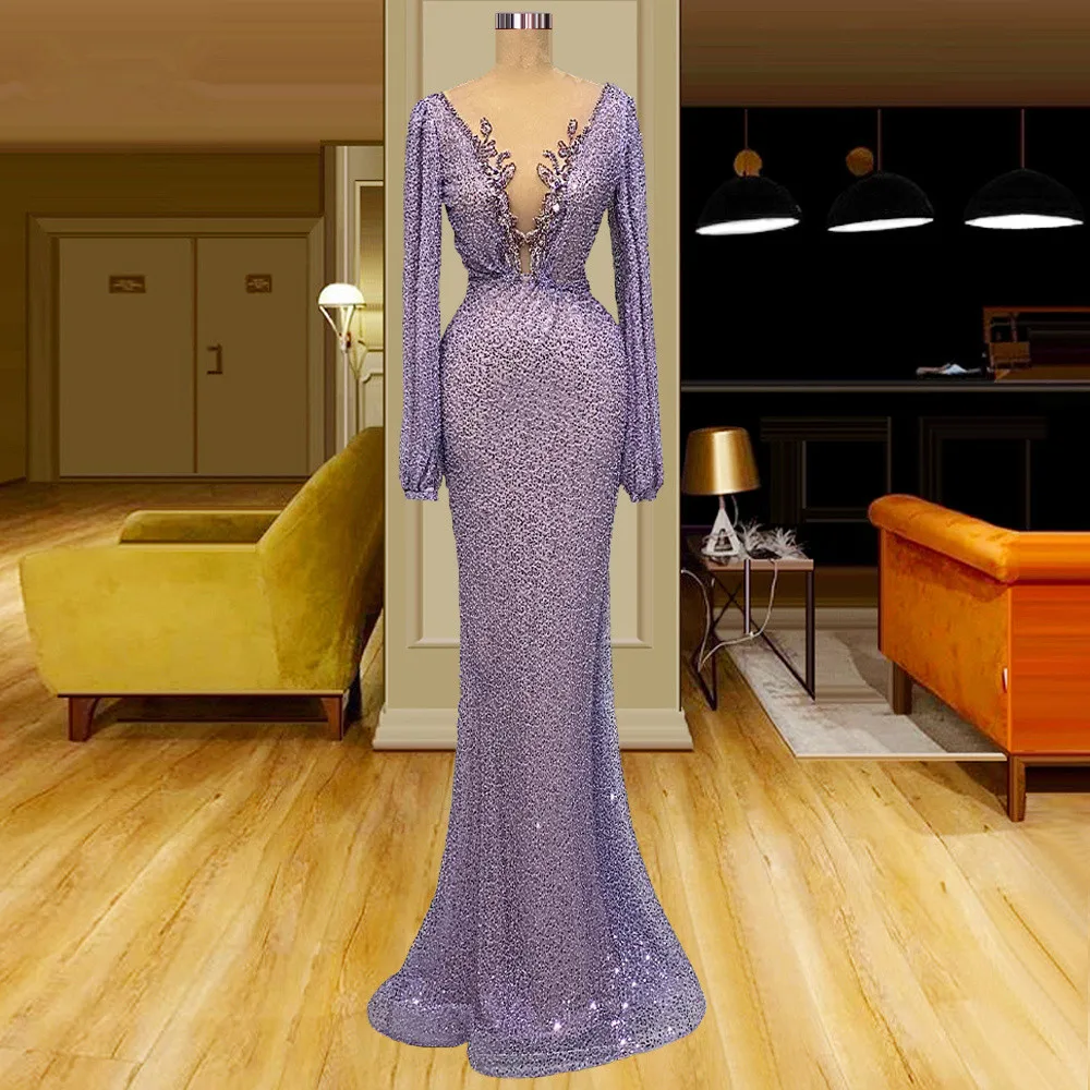 スパークルウエディングドレスマーメイド長袖スパンコールビーズロングドバイサウジアラビアウエディングドレスイブニングローブド夜会オートカスタマイズ