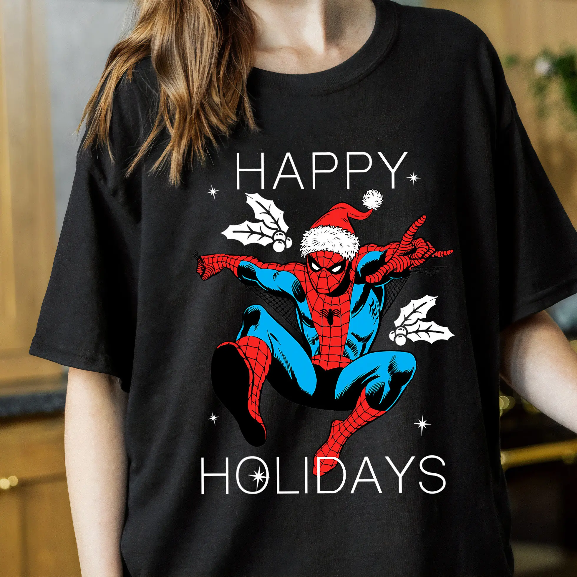 

Marvel Spider-Man Happy Holidays Santa Christmas T-Shirt Marvel Avengers Merry Christmas Party Disneyland Holiday Season Trip