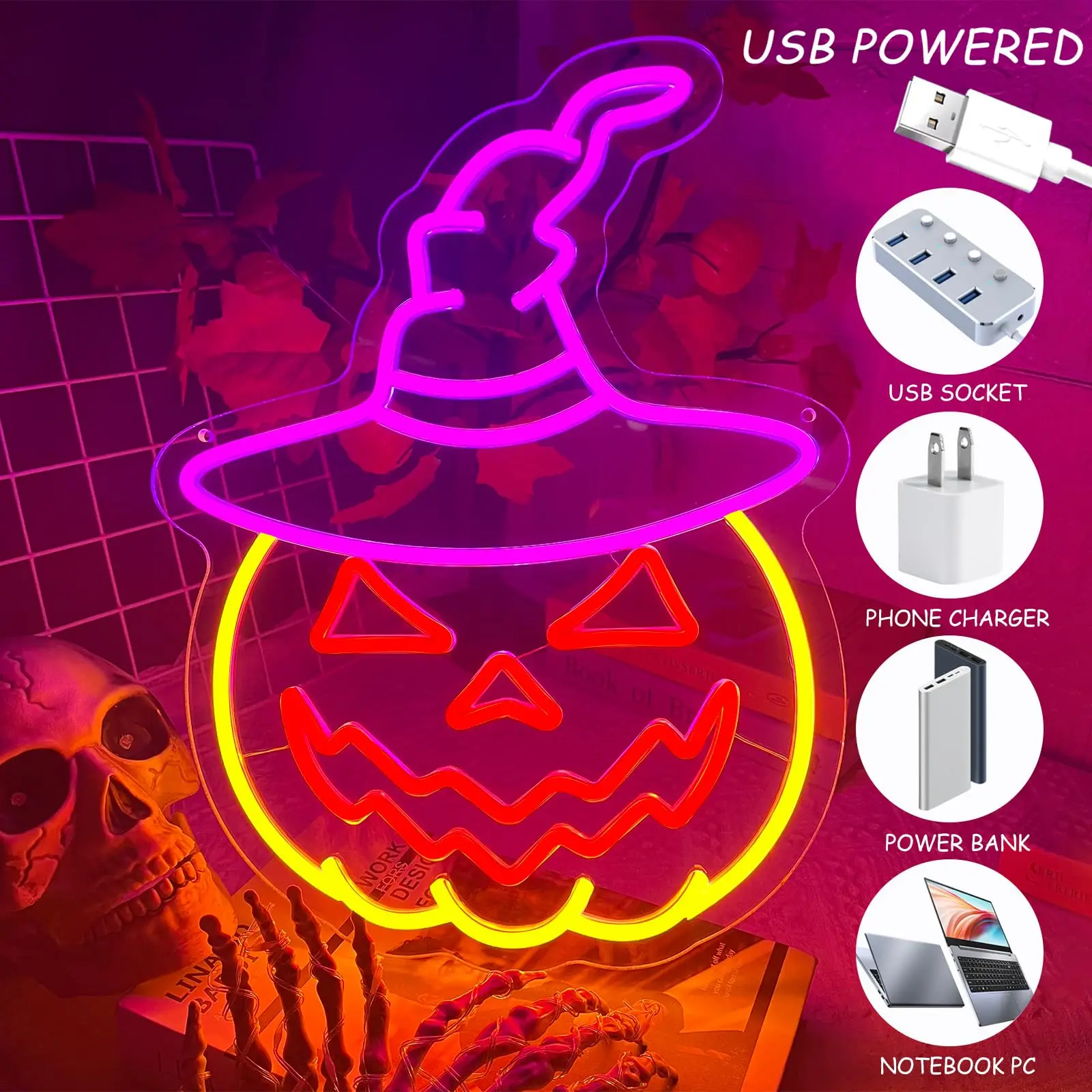 Insegna al neon di Halloween Cappello da strega Zucca Alimentazione USB con interruttore dimmerabile Zucca per portico Bar Finestra Camera da letto Sfondo festa