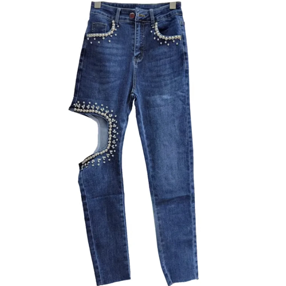 

hole diamond high-waisted denim pencil trousers women's blue stretch skinny trousers