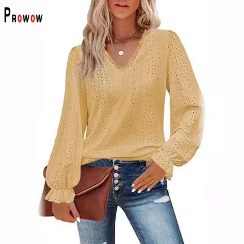 Prowow Casual Women's Shirts Yellow Long Sleeve Spring Female Tops Clothes V-neck Hollow Lace Slim Fit Purple Pullovers White