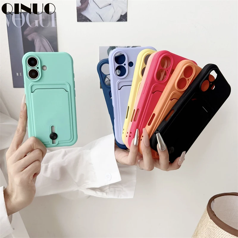 Luxury Silicone Card Holder Wallet Phone Case For iPhone 16 15 14 13 12 11 Pro Max 7 8 Plus X XR XS Max Camera Protection Cover