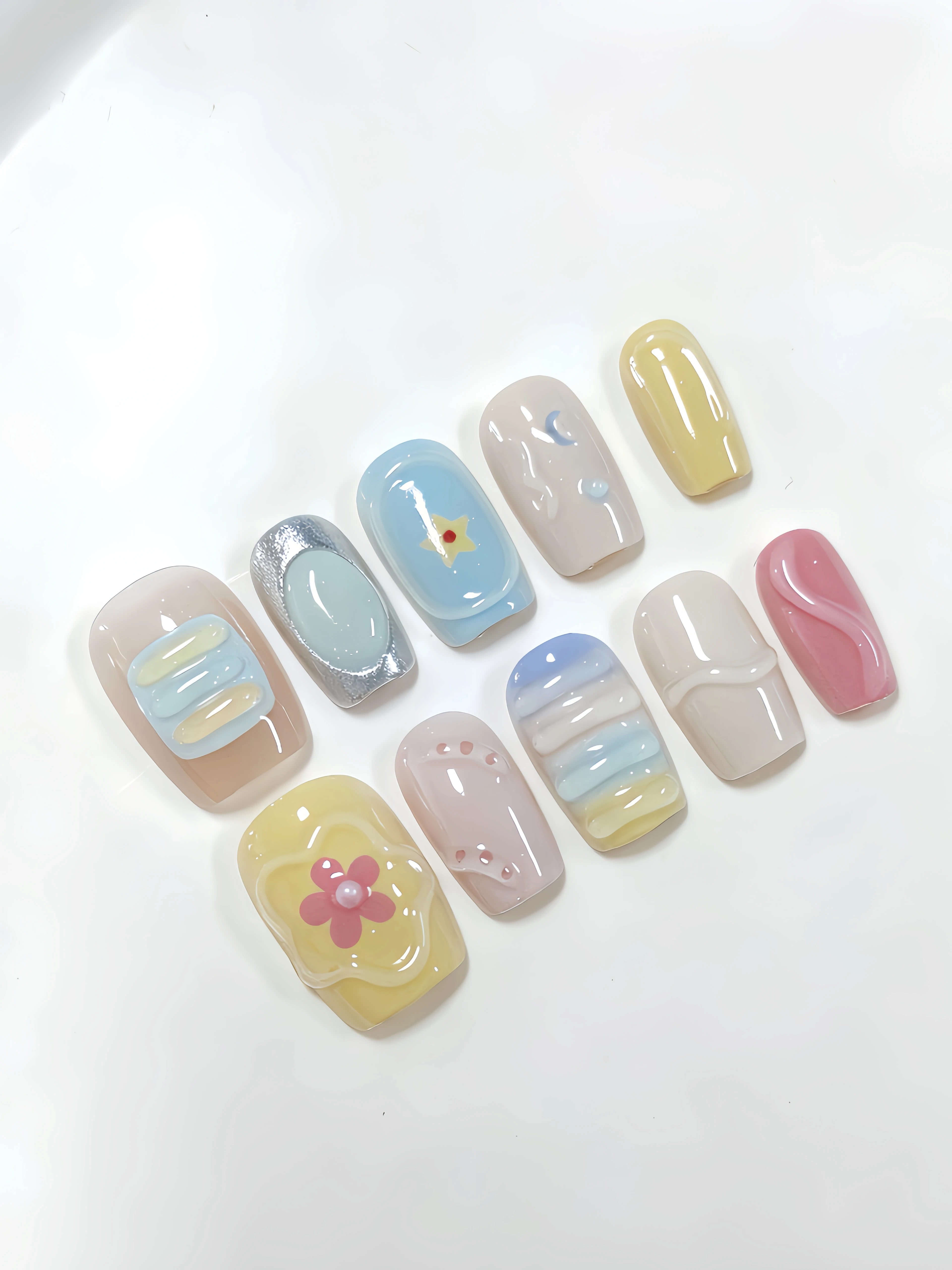 10 Short Square-Shaped Nail Tips with a Light Blue, Soft Yellow, Nude Pink, and Rose Red Multi-Color Gradient as the Main Colors, in a Fresh and Trendy Ins-Style Nail Design, Featuring Floral, Star, Polka Dot, Moon, and Multi-Color Gradient Stripe Designs, a Gentle French-Style Nail Art, Suitable for Office Workers, Students, Sweet Girls' Daily Life, College, Dates, Picnics, Summer Vacation Season, Etc. Press-On Fake Nails, Includes a Jelly Glue and a Nail File