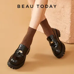 BeauToday piattaforma mocassini donne vera pelle di mucca Penny Flats punta rotonda Slip On femminile Chunky scarpe Casual fatte a mano 26569