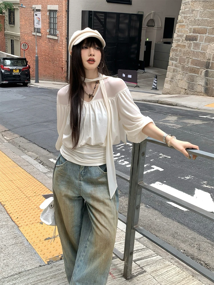 

New Summer Lace Splice T-Shirt Loose Fit Transparent Mesh Elegant Style Women's Fashion Breathable V-Neck Short Sleeve Top