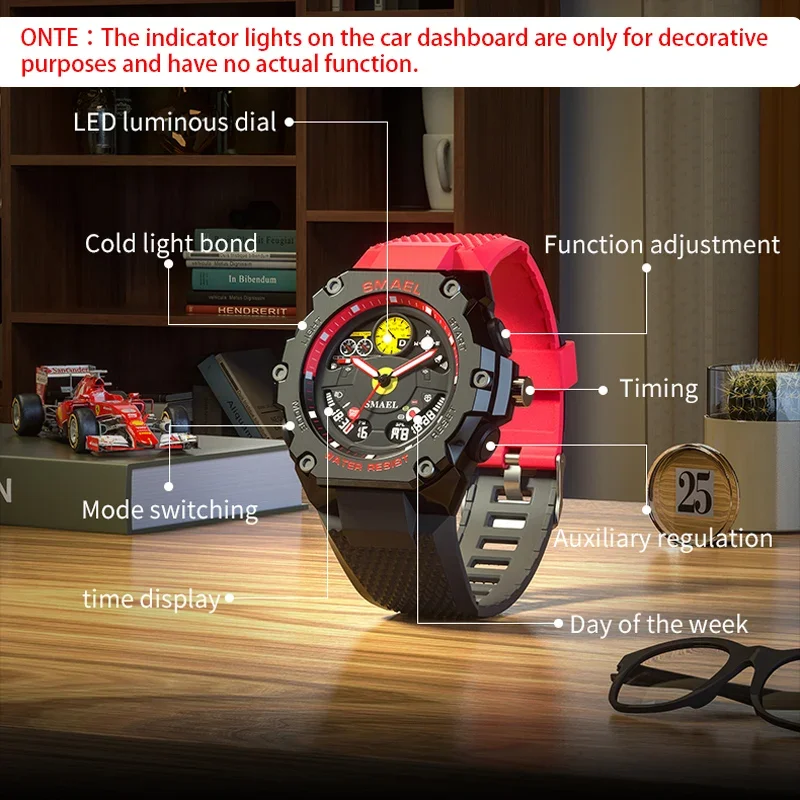 SMAEL Quartz Wristwatch for Men Military Army Alarm Dual Display LED Digital Sport Watch Car Dashboard Indicator for Decoration