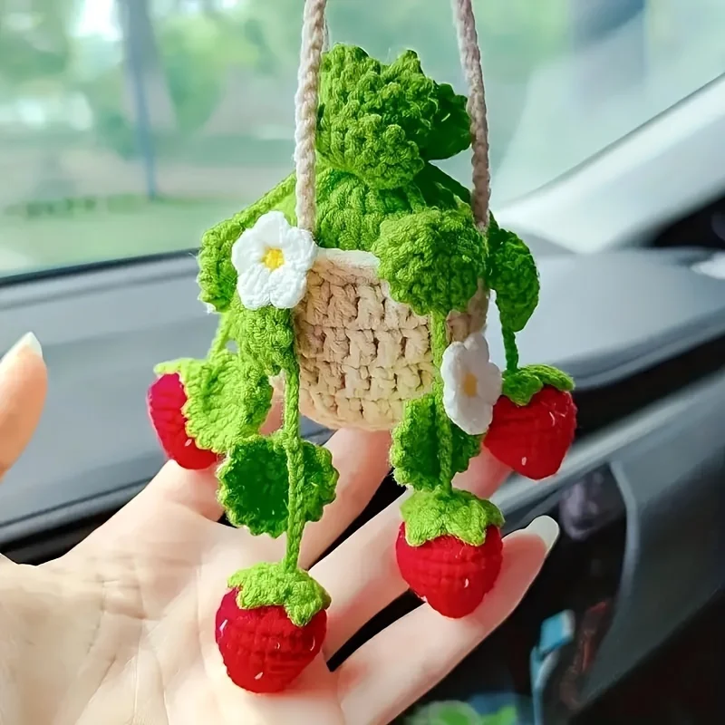 Charming Strawberry Knitted Car Decor - Adorable Simulated Potted Plant, Soft Textured Rearview Mirror Pendant, Enhances 