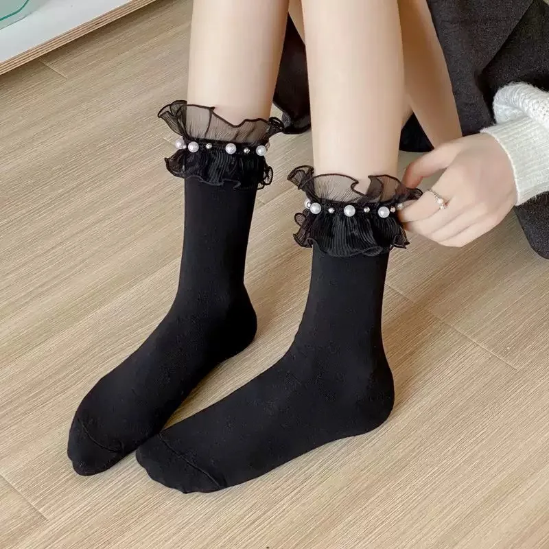 Women's Socks Summer Spring Lace Rolled Edge Comfort High Quality French Sweet Lolita JK Verstaile Pearl Cotton Socks For Girl