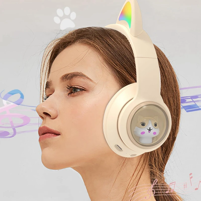 Auscultadores Bluetooth para crianças, auscultadores sobre a orelha, orelhas de gato, auscultadores para telefone com luz LED