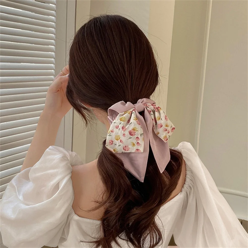 Fashion Floral Bowknot Scrunchies Long Ribbon Ponytail Scarf Hair Tie Women Girls Elastic Hair Bands Hair Accessories