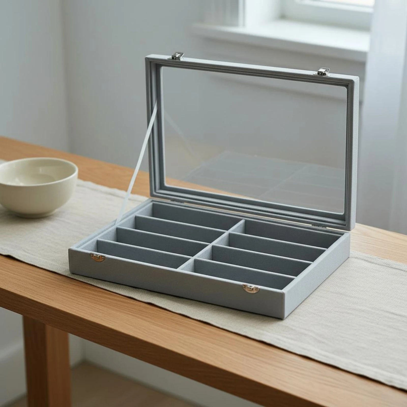 8 Compartment Eyewear Case with Lid 8-Slot Glasses Box Sunglasses Storage Box Dustproof Leather Glasses Case Clear Top