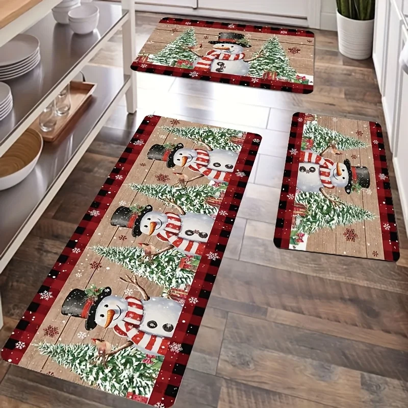 VIKAMA Farmhouse Christmas Kitchen Mat Set Anti Slip Washable Rug Snowman Plaid Tree Snowflake Floor Runner Farmhouse Decor Mat