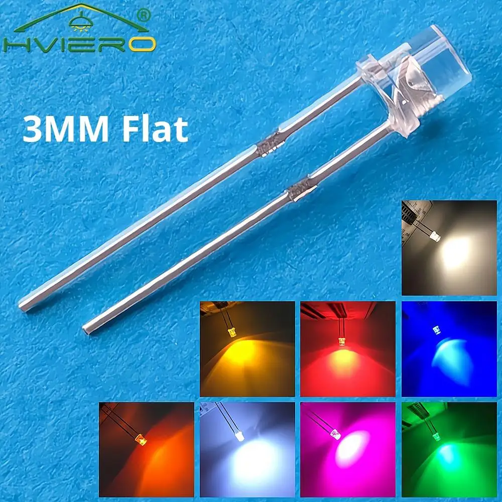 3mm 2pins 100Pcs F3 Flat White Red Yellow Blue Green Pink Diode Led Wide Angle Light Emitting Diodes Lamp Ultra Bright LED Bulbs