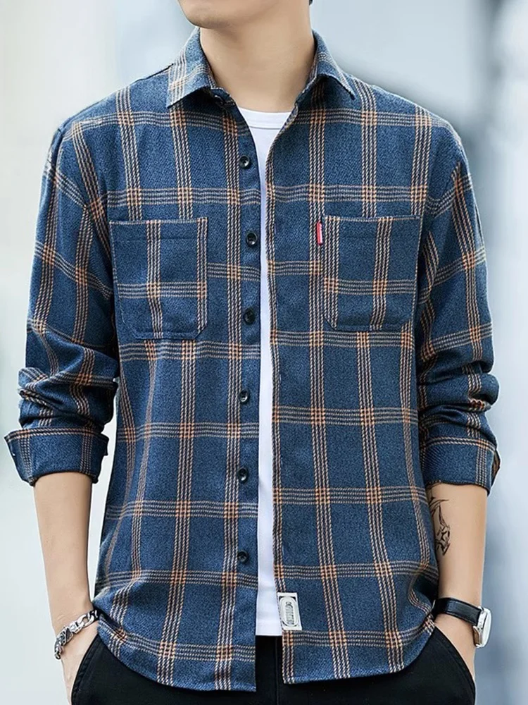 

Мужская свободная рубашка с длинным рукавом, весна 2024, клетчатый узор, классический стиль, повседневная мода, полиэстер, с пуговицами