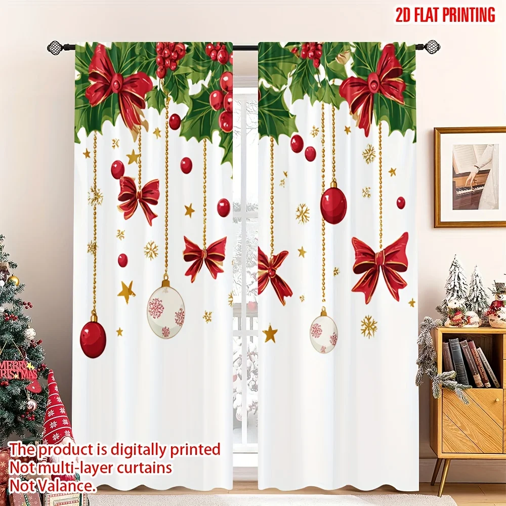 Christmas Holly Berry Curtains 2pcs, Red Green Light Blocking Polyester Rod Pocket Machine Washable for Living Room Bedroom