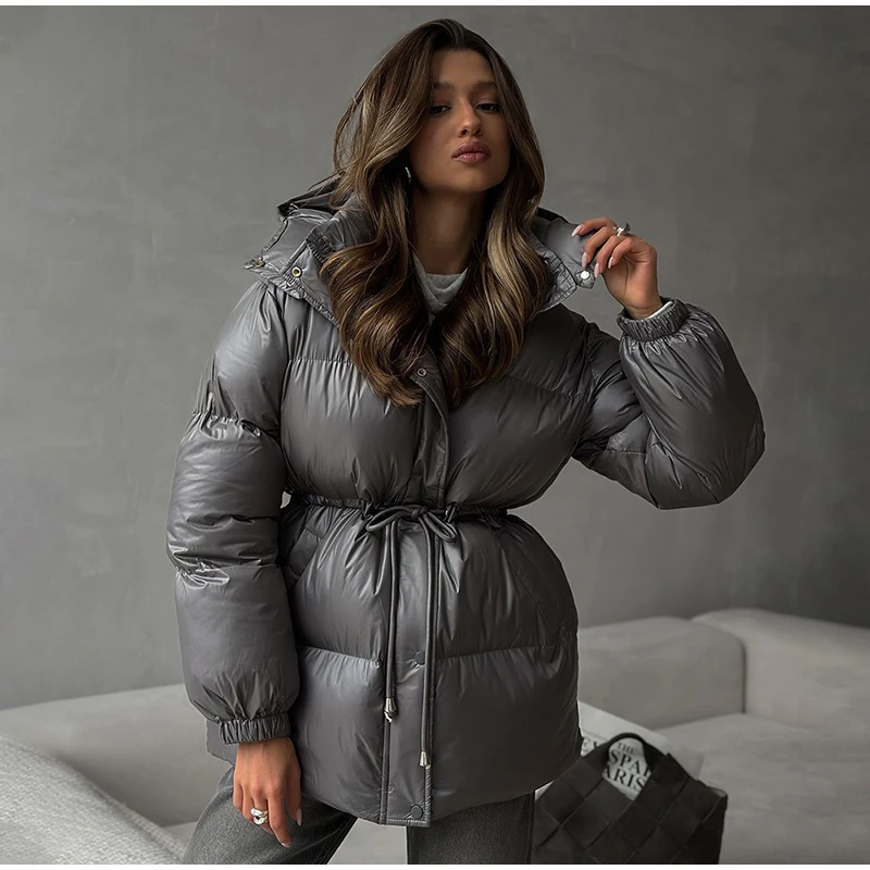 Fashion Solid Drawstring Cotton Jacket Women Chic Long Sleeve Zipper Loose Hooded Coat Winter Lady Warm Daily Street Outwear