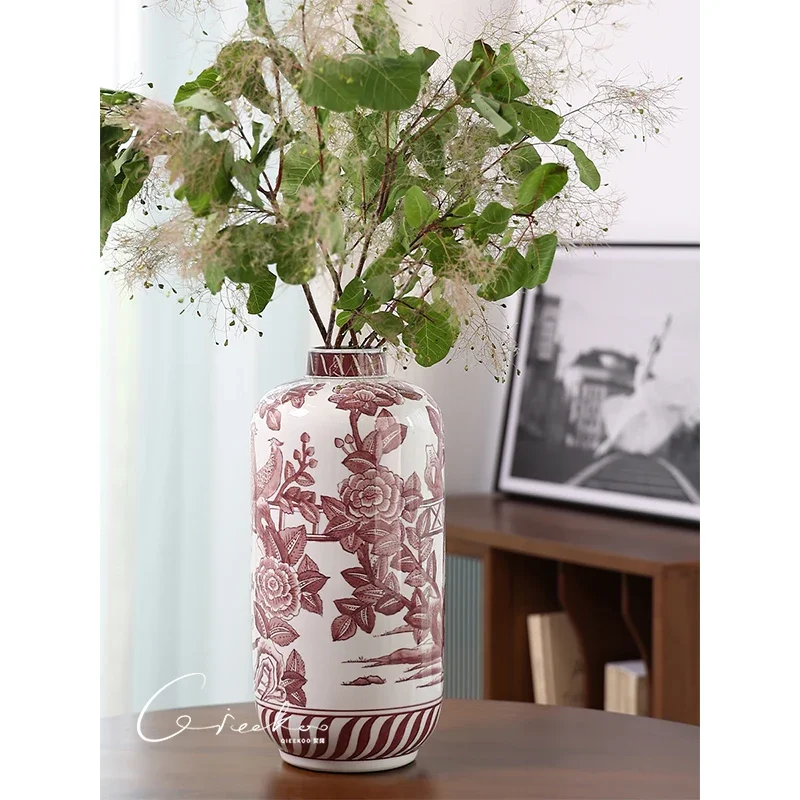 Underglaze red Niwa is lucky and prosperous ceramic vase flower ware light luxury new Chinese living room ornament