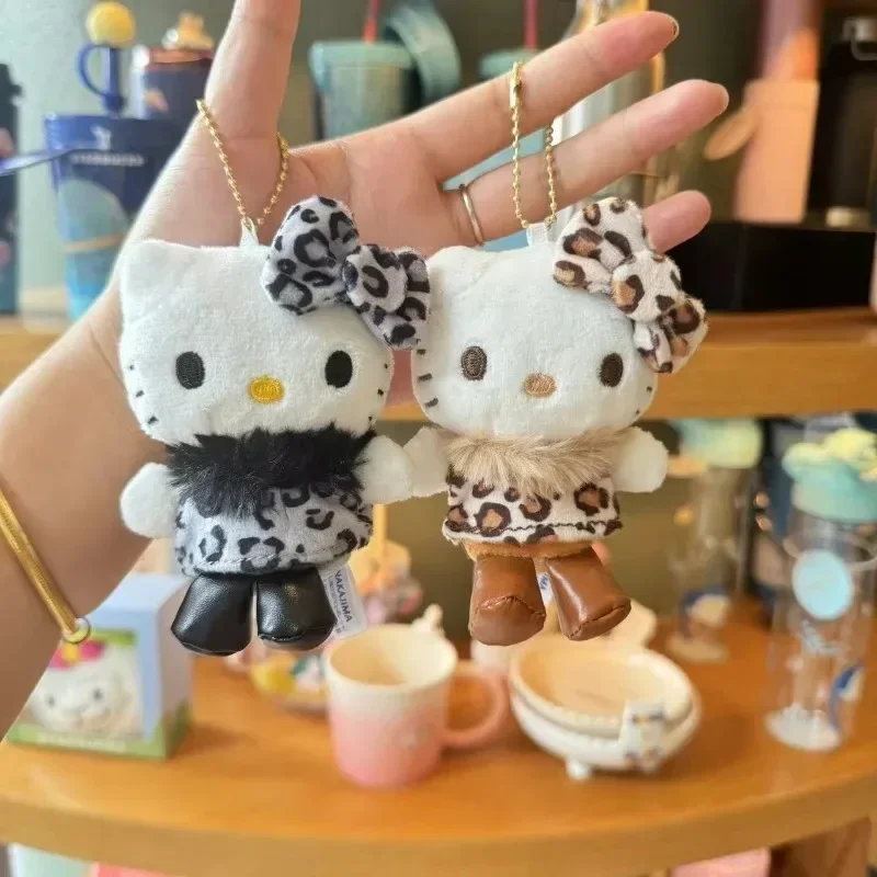 10cm Cartoon New Furry Leopard Pattern Hellokittys Keychain Cute Toy Anime Kawaii Cat Plush Girl Backpack Pendant Halloween Gift