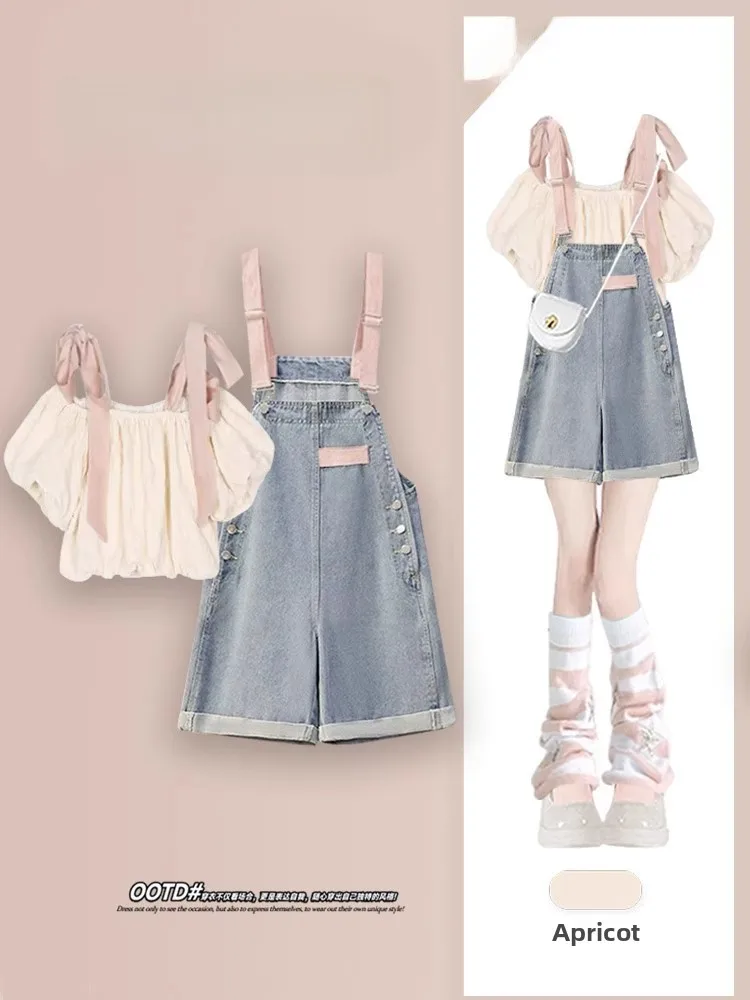 Sweet Summer Anti-Aging Bubble Sve oulder Bared Women's Set Korean Sle Slimming Denim orts Two-Piece Faion Ensemble