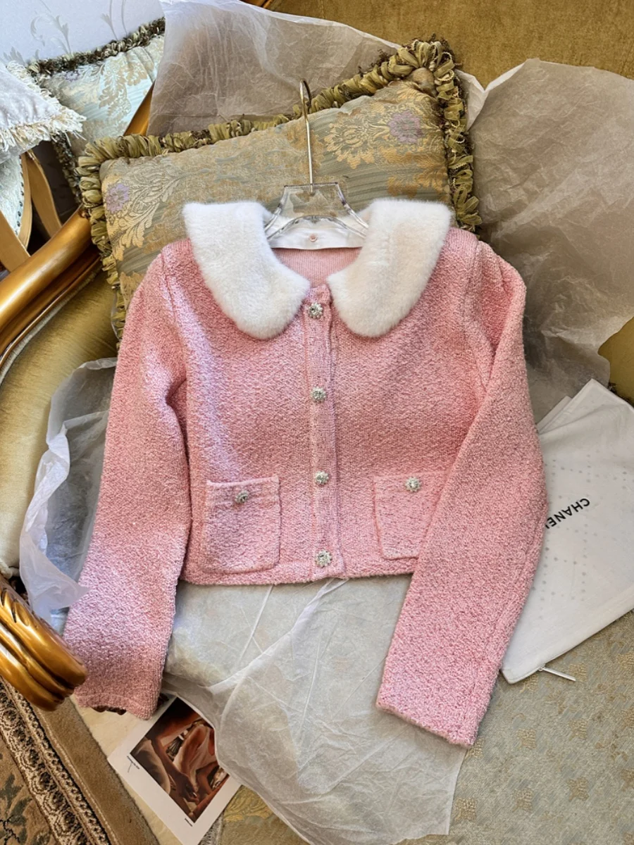 2024 Early Spring New Christmas Style Pink Fur Collar Long Sleeve Gentle Knitting Suit Short Girl Style Top Fashion Dress Sets