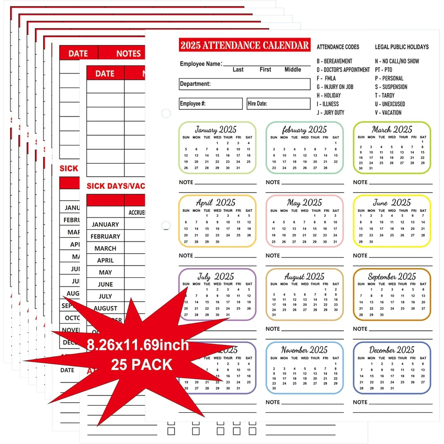 25 Sheets of 2025 Attendance Calendar Work Tracker Attendance Calendar Cards 8.26 x 11.69 Inch - Employee Work Tracker 2025