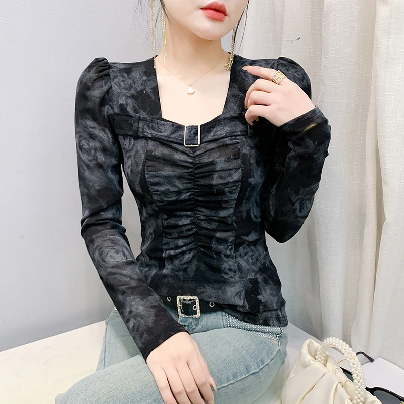 Black,Korean,Style,Mesh,T-shirt,Chic,Sexy,Square collar,Print,Draped,Spliced,Elastic,Slim,Women,Tops,Long Sleeve,Tees,New,51301