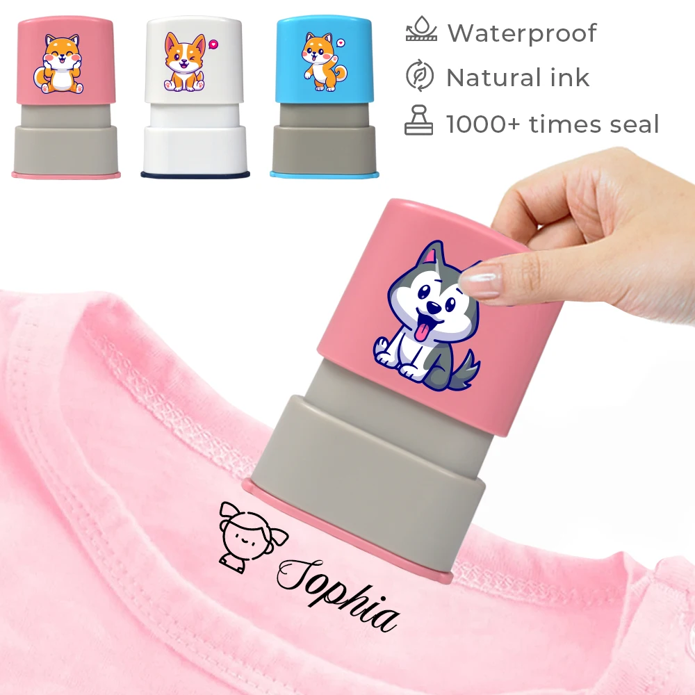 Desenhos animados Baby Clothes Name Stamp, Cão bonito, Roupa de estudante da criança, Kawaii impermeável Adesivo, Selo Montessori, Presente