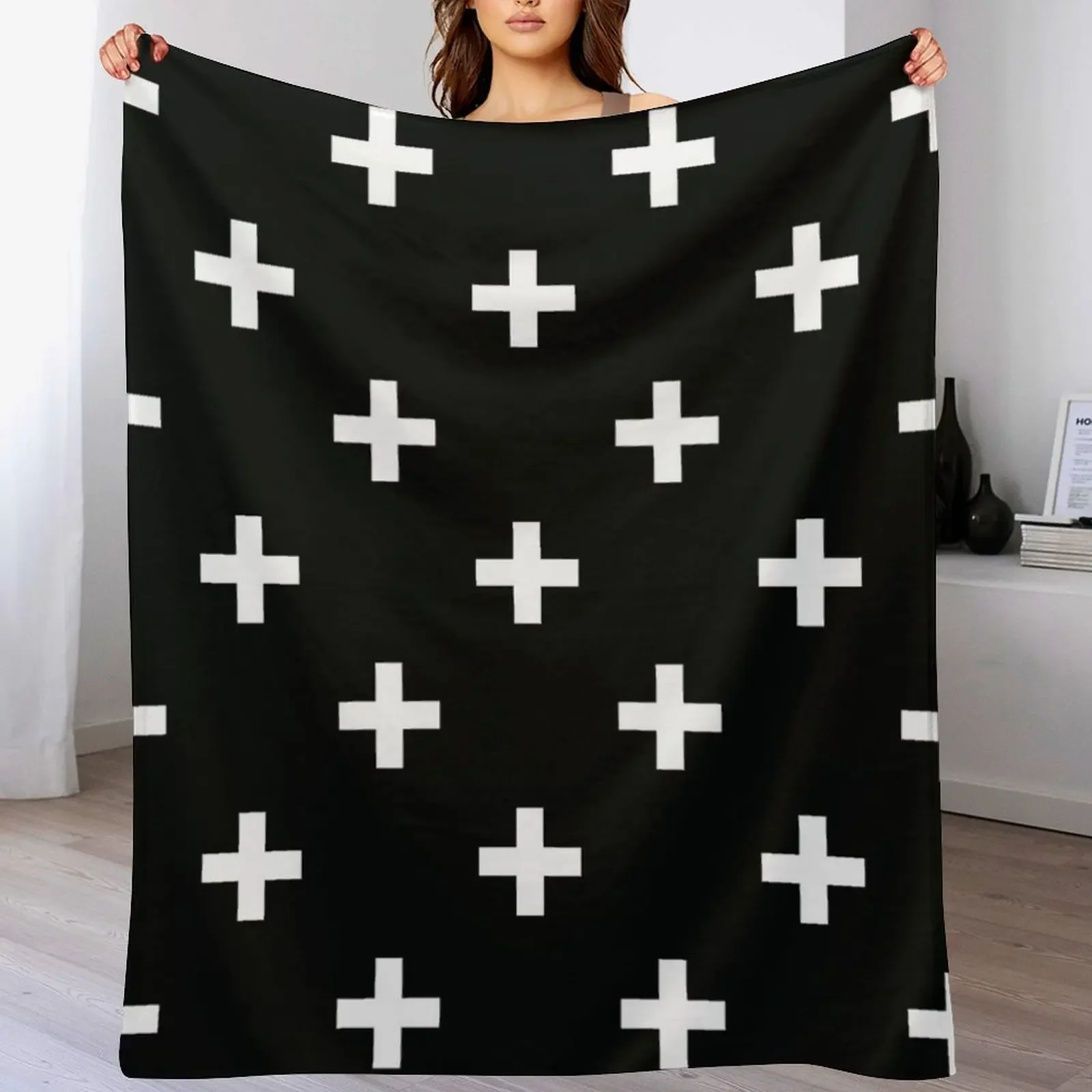 

Black and White Swiss Cross Pattern Throw Blanket Cozy Warm Blanket for Bed Room Decor