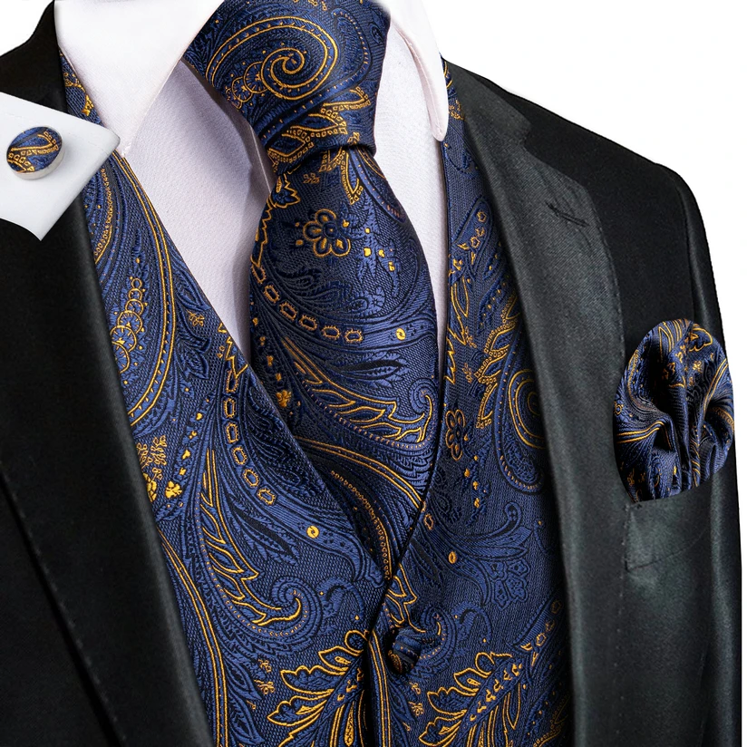Hi-Tie Fashion Mens Wedding Waistcoat Necktie Hanky Cufflinks Vest Set  for Business Party
