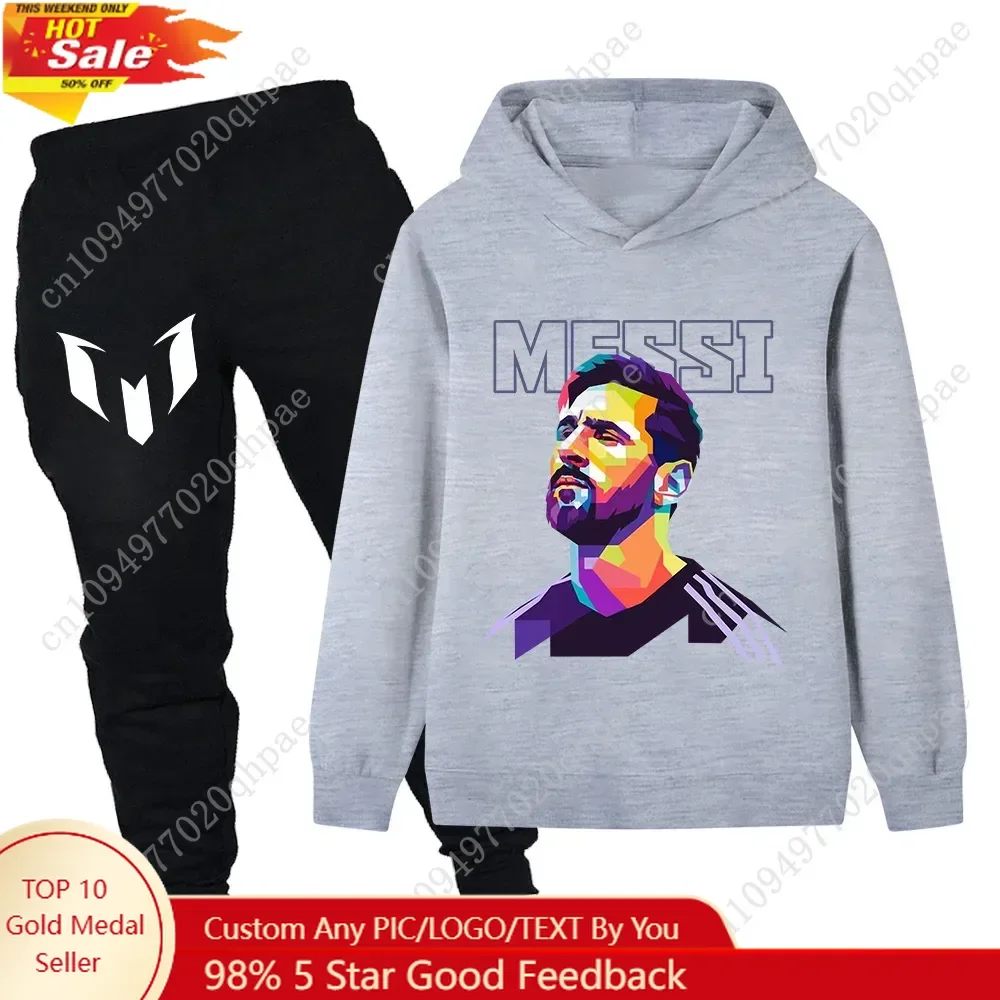 

Children's hooded top+sports pants set Messi creative printed fashionable casual warm suit
