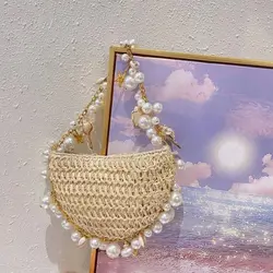 Artystyczna torebka ze słomy z pereł rozgwiazda damska torebka Half Moon torba plażowa na ramię designerskie torby typu Crossbody z rattanu