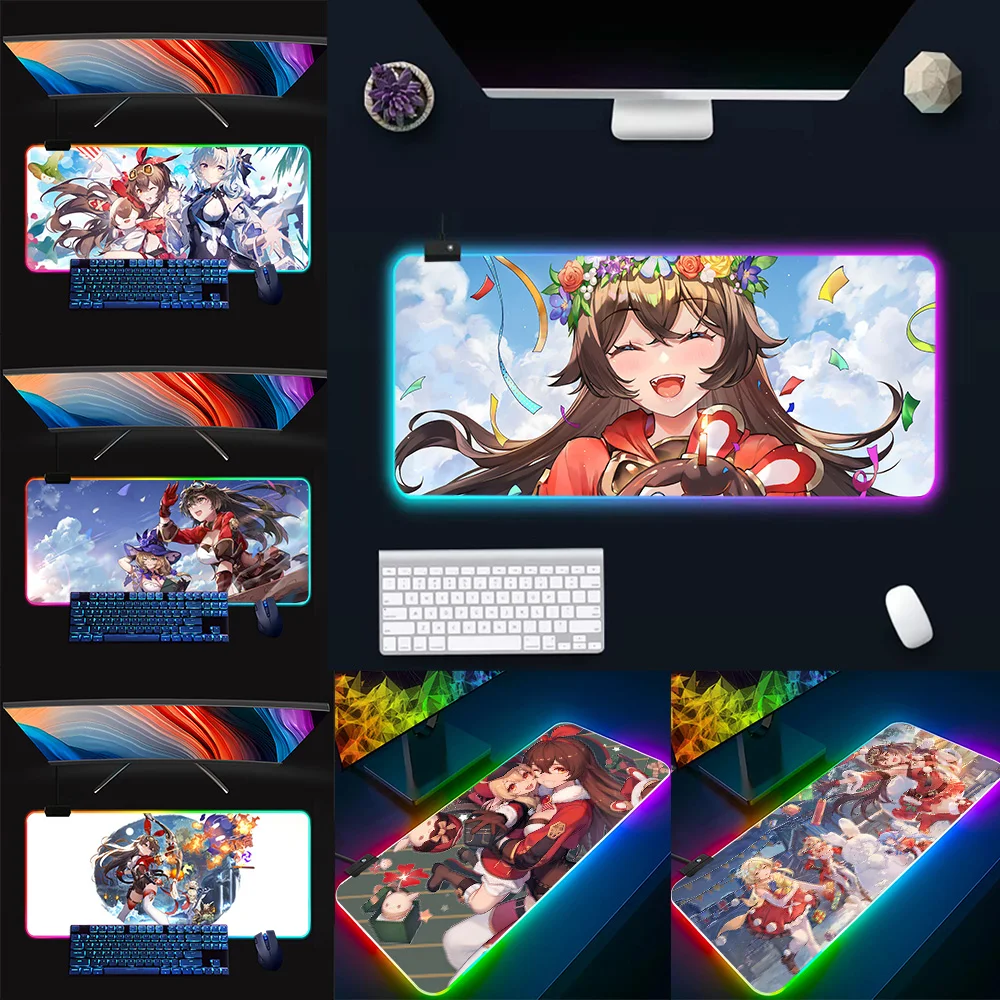 amber genshin impact RGB Pc Gamer Keyboard Mouse Pad Mousepad LED Glowing Mouse Mats Rubber Gaming Computer Mausepad