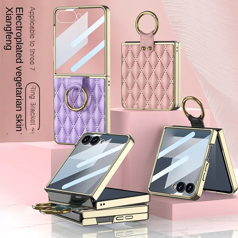 

Чехол для Samsung Galaxy Z Flip 7, роскошный простой кожаный чехол с ромбовидным покрытием, защитный чехол для задней панели Z Flip 7, чехол для телефона