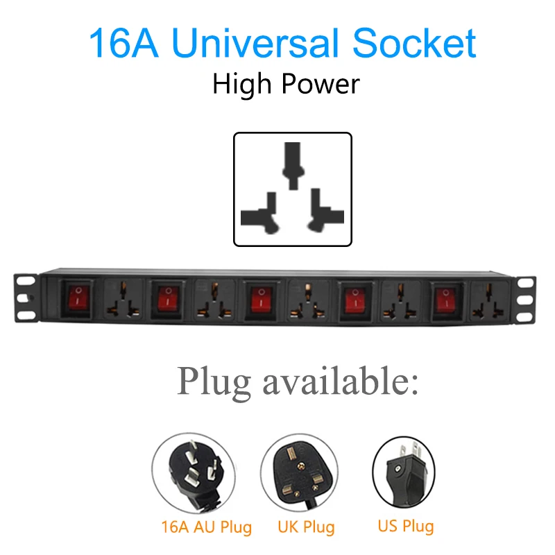 19 inch PDU 1U Network Cabinet Rack Power Strip Distribution 16A Universal Outlets Break Switch EU/UK/US/AU Plug Socket 2m Cord