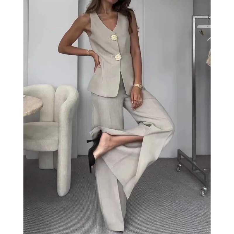 Summer Fashion Split-Leg Wide-Leg Pants Solid V-Neck Sleeveless Vest Tank Top Two-Piece Set Women's Slim-Fit Tailored Clothing