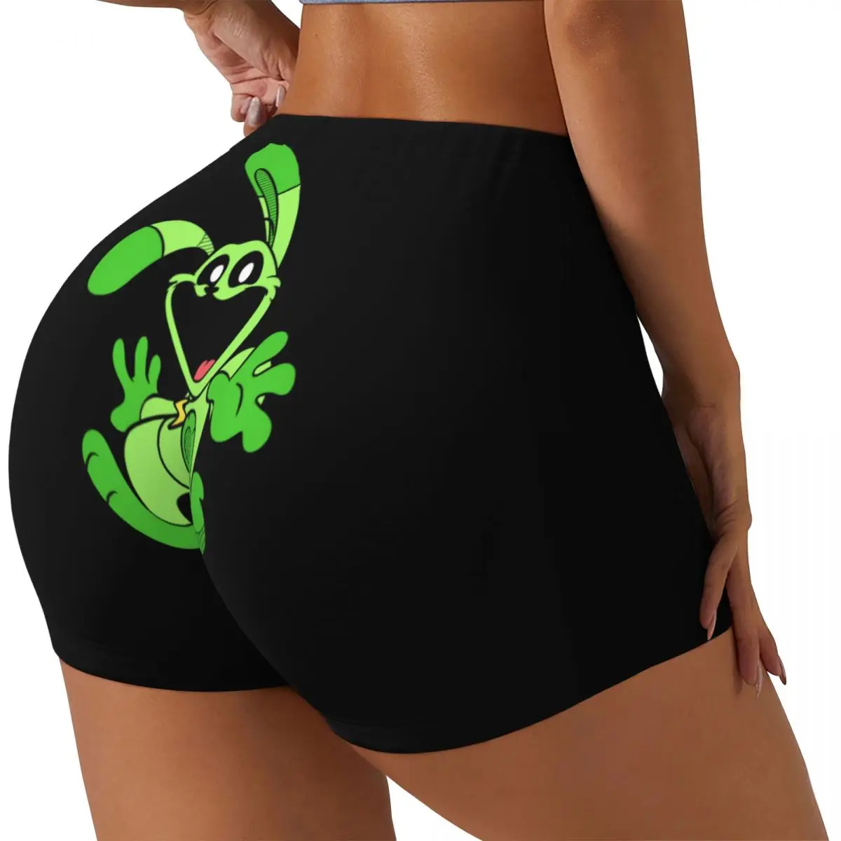 Custom Green Smiling Big Mouth Rabbit Critters Running Volleyball Gym Shorts for Women Scarry Game Athletic Workout Yoga Shorts