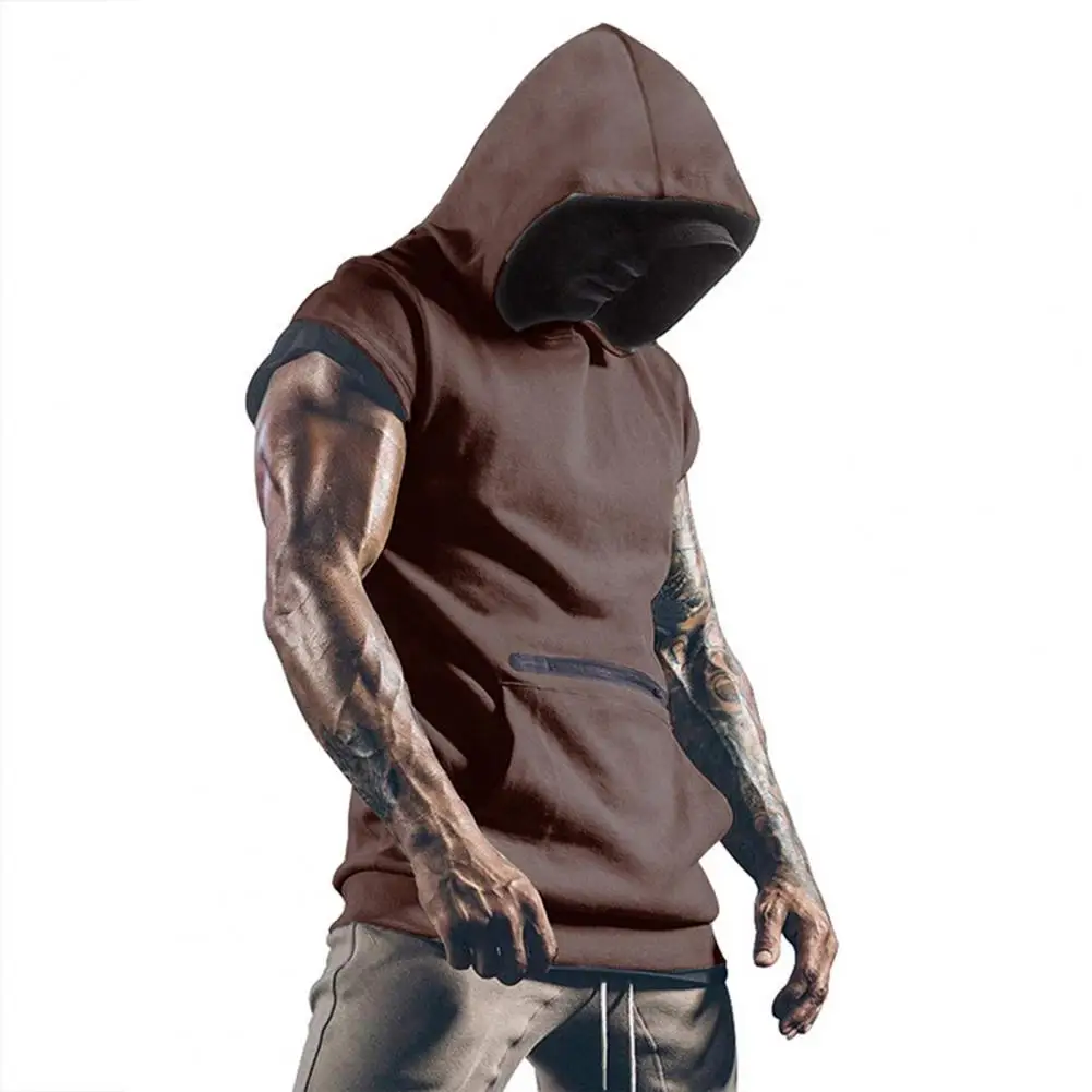 Trendy Hoodie Vest Stretchy Sweatshirt Vest Front Pocket Men Bodybuilding Sleeveless Hooded Tank Top  Moisture Wicking