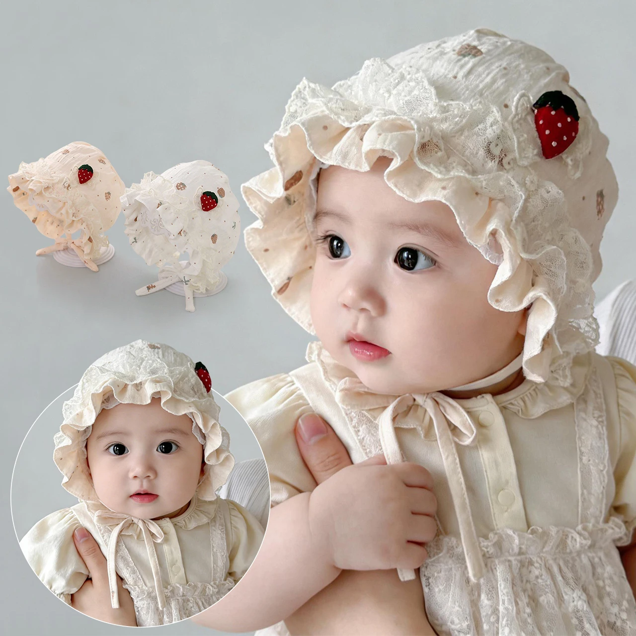 0-10Month Princess Baby Sun Hat Spring UV Protection Lace Ruffle Headgear Bonnet Sweet Strawberry Kids Girls Shade Court Cap