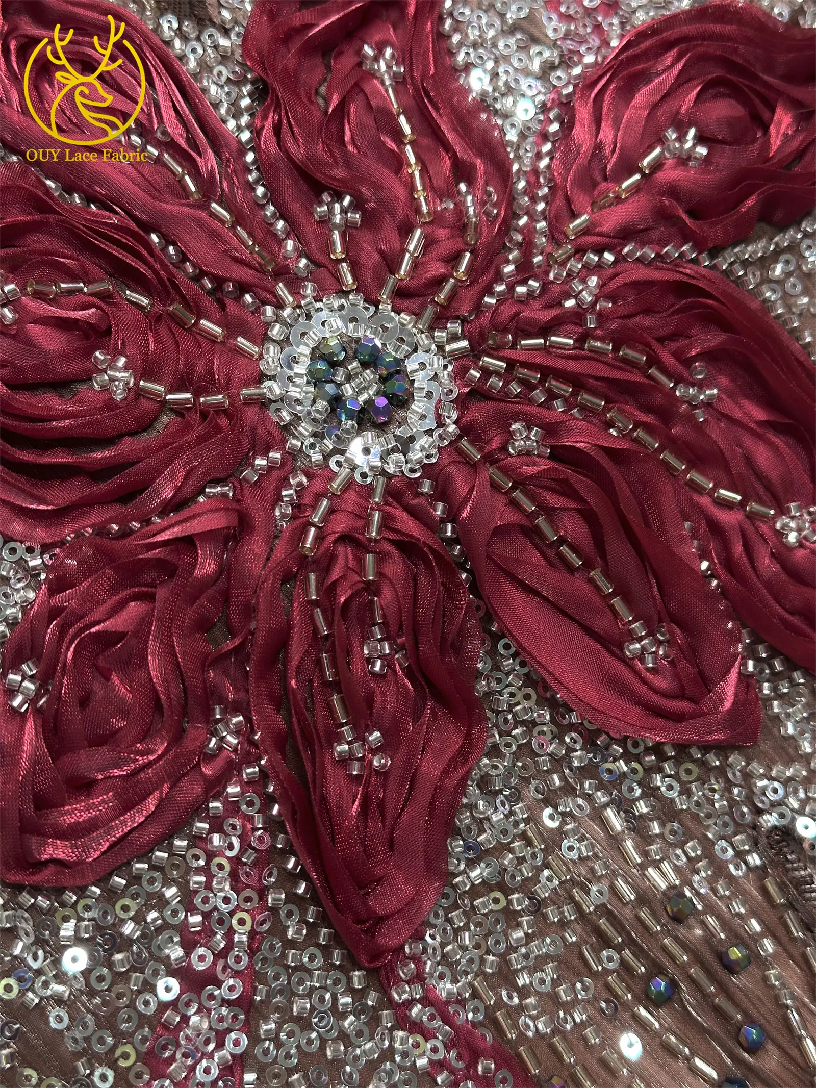 3D-Blumen-Tüll, afrikanischer Spitzenstoff, eleganter französischer nigerianischer Perlen-Pailletten-Mesh-Spitzenstoff für Damen, Hochzeitskleid-Design-Stoff – Detail 22
