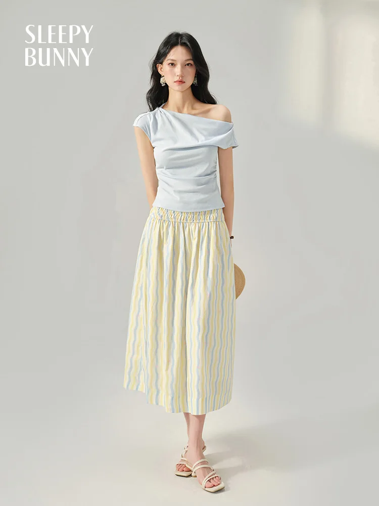 

Colorful Striped A-Line Midi Skirt for Women High Waist Dopamine Print Summer Skirt Slim Fit Flowy Casual Skirt for Petite Girls