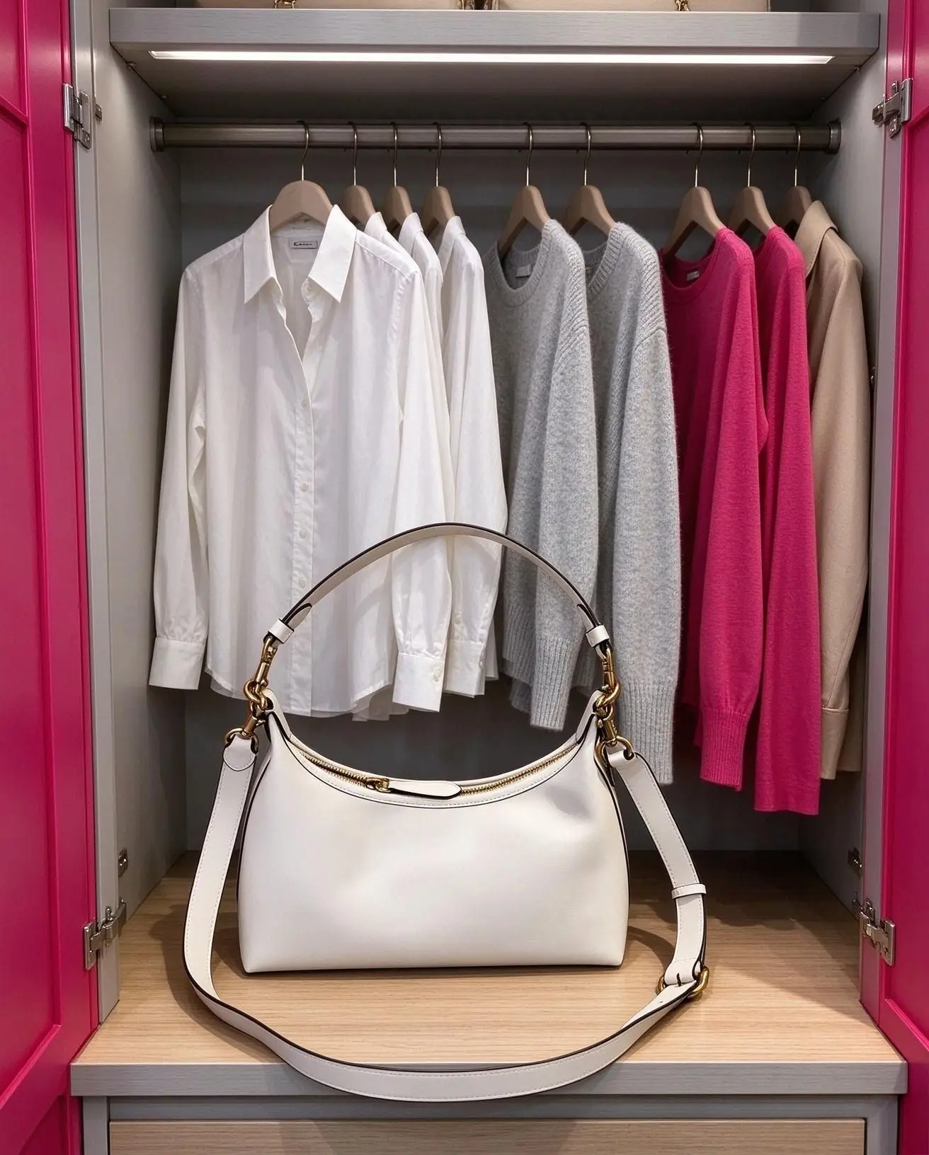 Women White Smooth PU Leather Hobo Shoulder Bag, Zipper Closure Crescent Handbag, Double Straps Multi-way Crossbody Purse