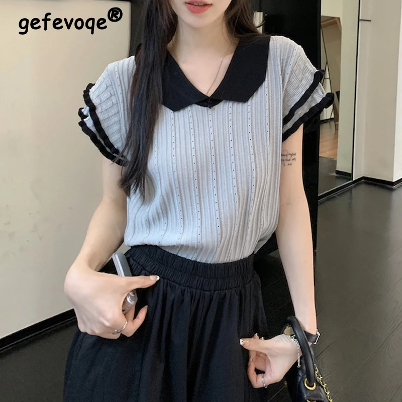 

Women Clothing 2024 New Summer Fashion Contrast Color Sweet Chic Knitwear Female Elegant Vintage Short Sleeve Slim Pullover Tops