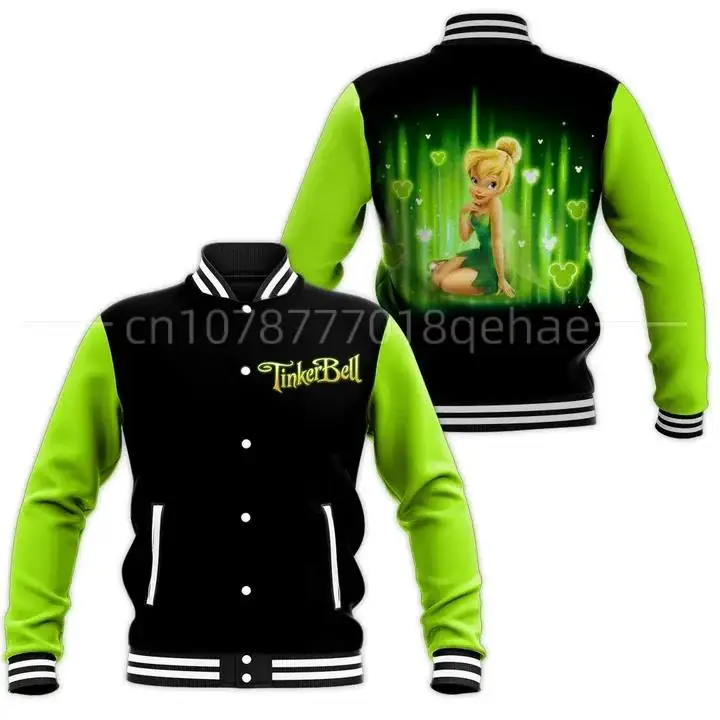 2023 New Disney Tinker Bell  Baseball Jacket Men Women Hip Hop Harajuku Jackets Streetwea  Boys Girls Loose College Coats