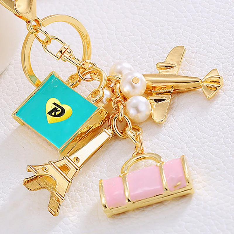 Fashion Crystal Keys Bag Shape Charm Keychain Airplane Girl Crystal Rhinestone Heart Key Rings