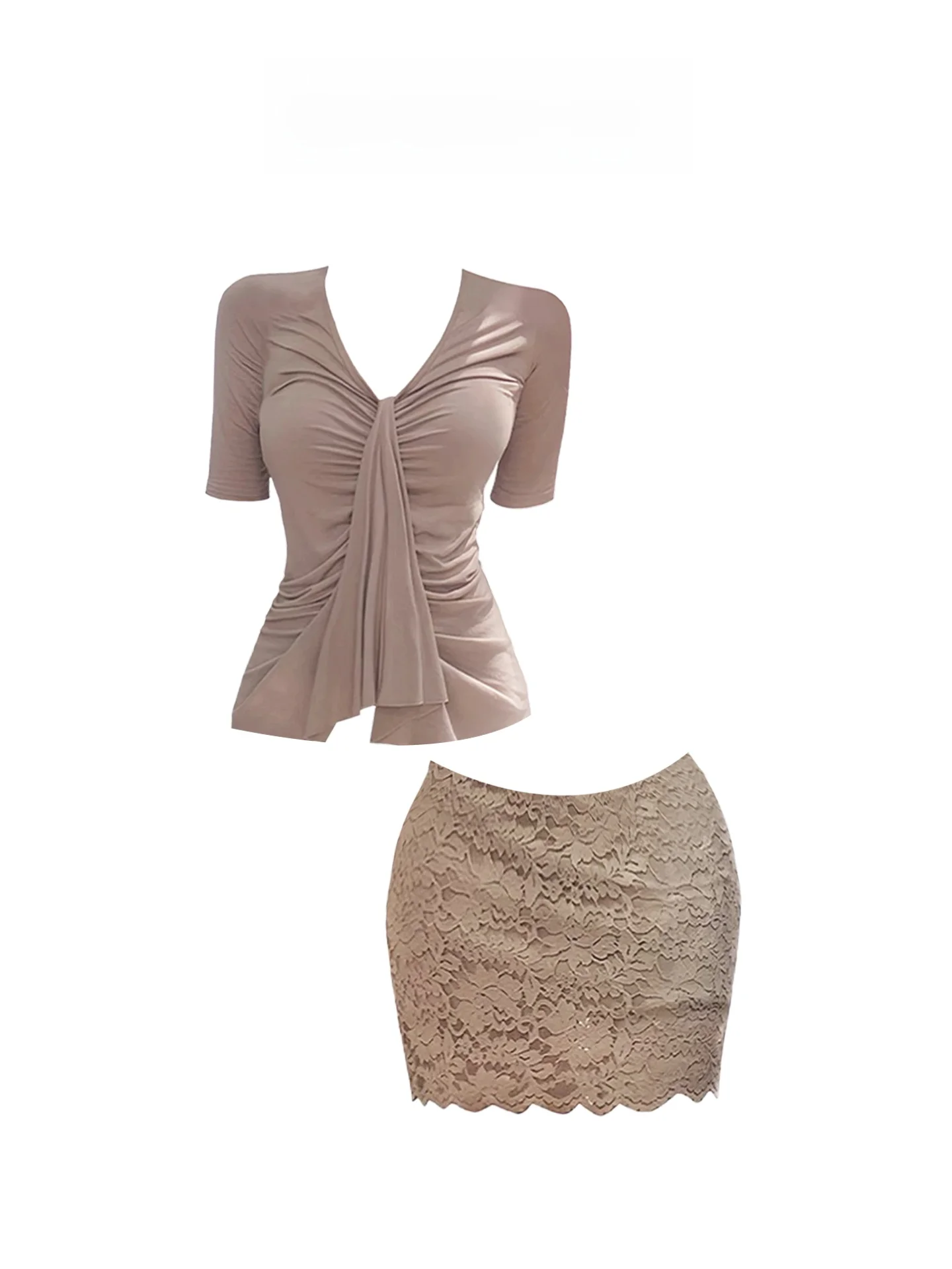 HEZA Emagrecimento V-Ne Plissado Renda Dr E Saia Conjunto Feminino Verão Faion Plus Size Roupa Cintura Alta Bodycon Sle