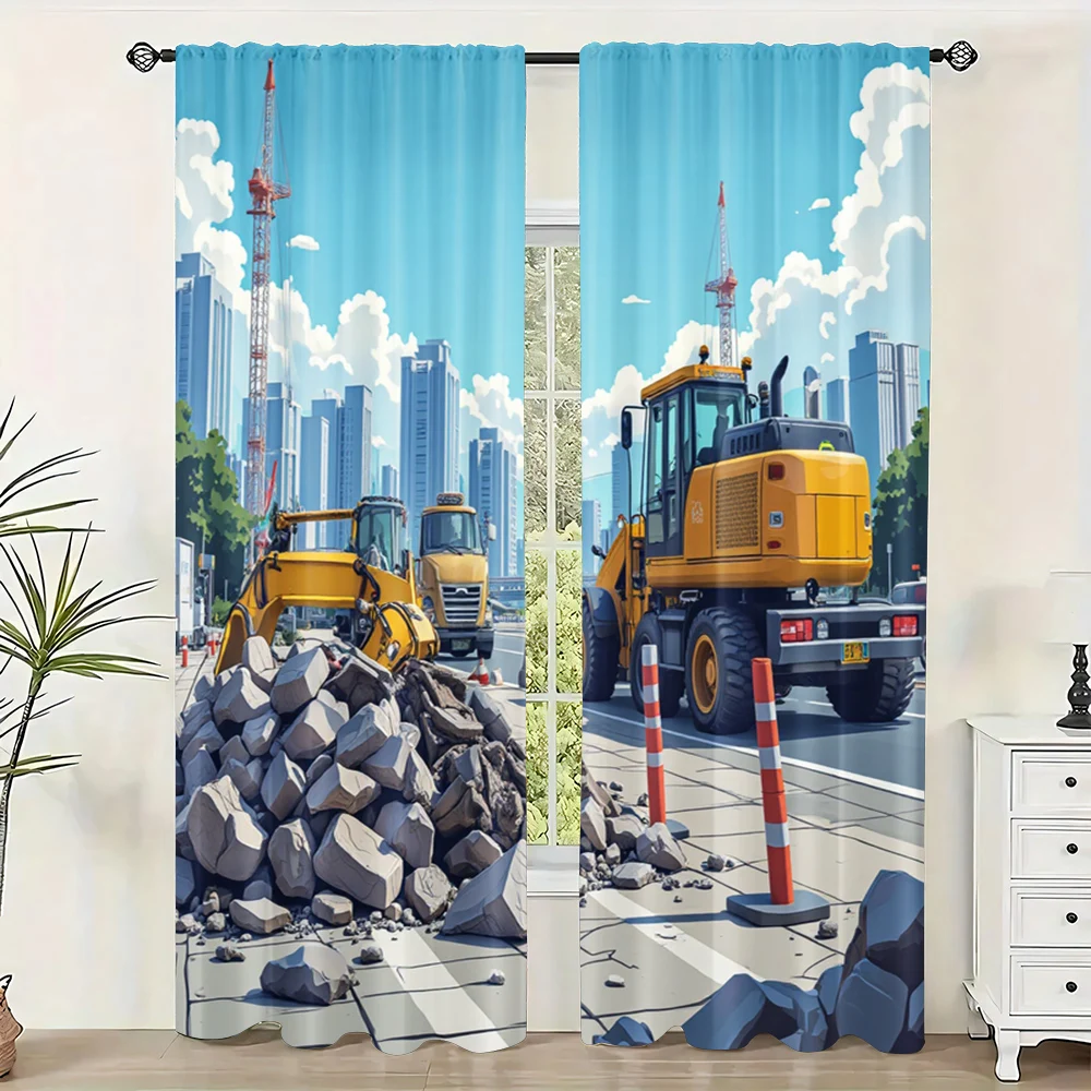 2pc,  Party Window Curtains Urban construction sites Machine Washable Fabric,Without Electricity Wall Decor Use for Holiday