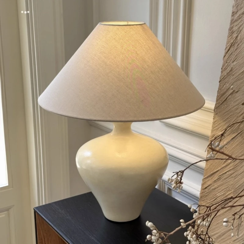 

Japanese Wabi-sabi White Handmade Ceramics LED Table Lamps Fabric Lampshade Living Room Bedroom Restaurant Tea House Desk Lights