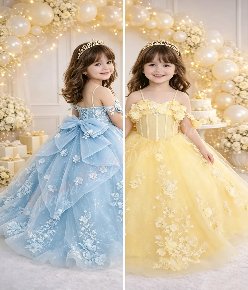 Light Blue Off-shoulder Flowers Girl Dresses Wedding Party Dress for Kids Bow Applique Embroidery Decals Prom Gowns Custom